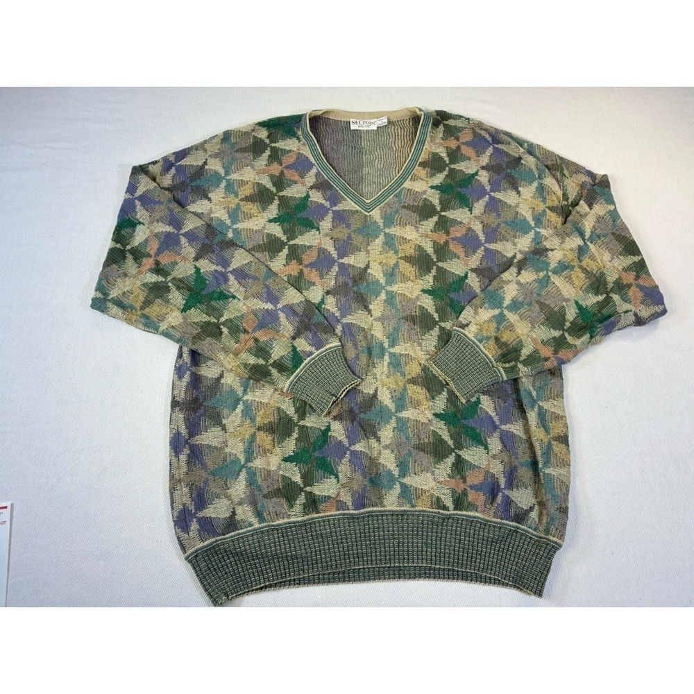 ST. CROIX KNITS Vintage 90s Sweater Mens Large V-Neck Geometric‎ Made in USA